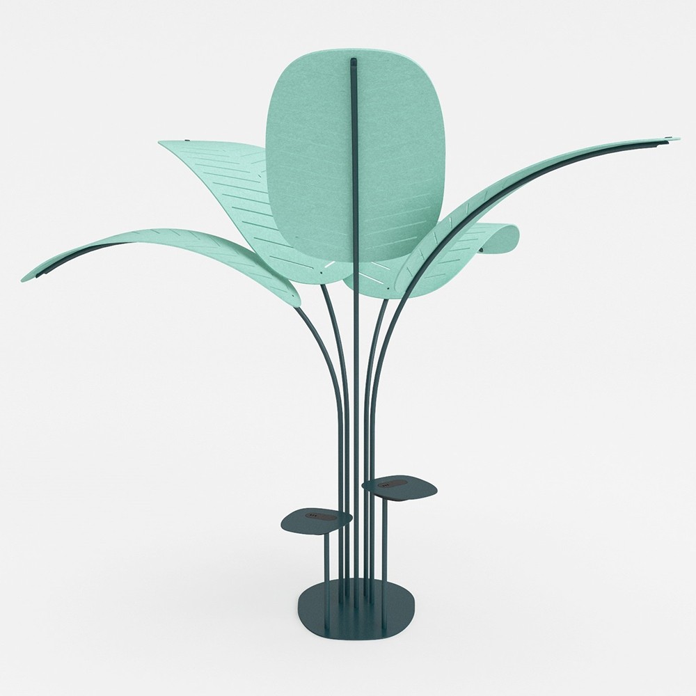 Décoration acoustique - palmier Oasis avec tables d'appoint équipées de chargeurs téléphone induction et prises USB