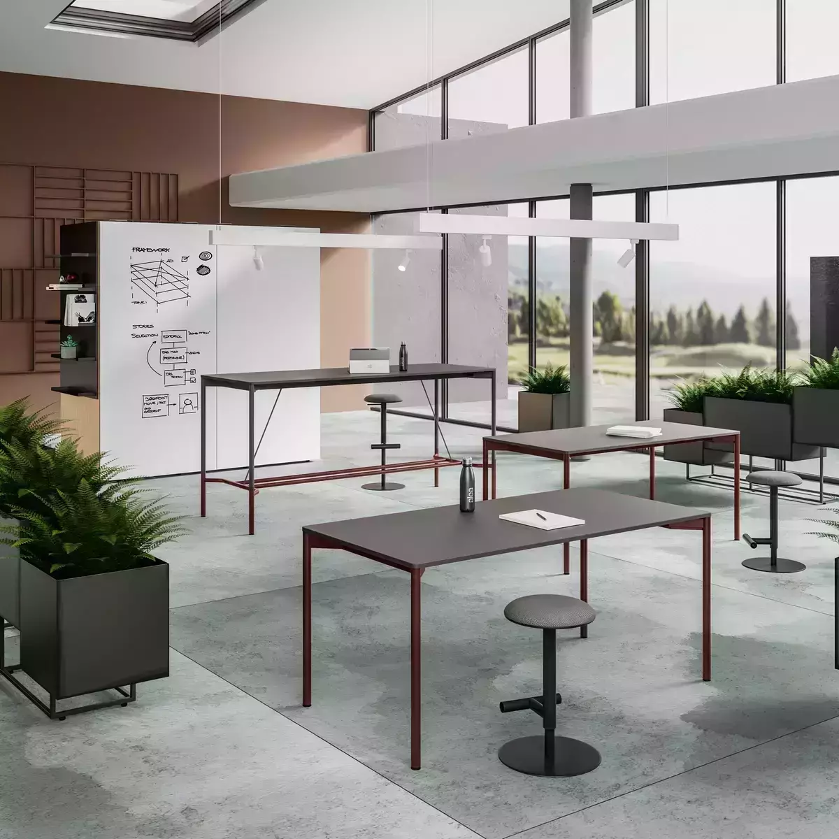 Collection de tables de réunion et de tables hautes de coworking RENDEZ-VOUS en mélaminé et pieds en acier laqués disponibles dans de nombreux coloris