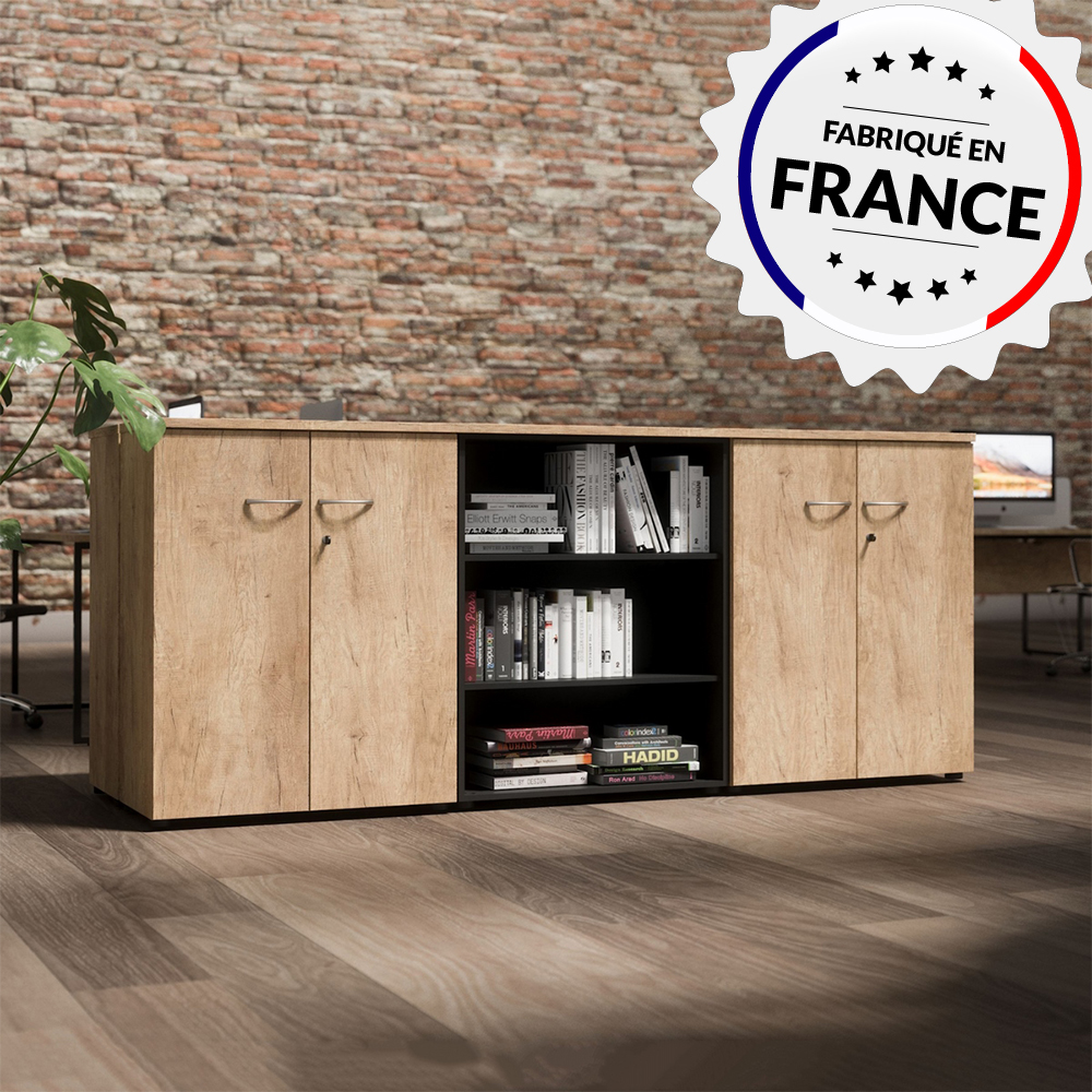 Armoire de bureau basse chêne nebraska et noir QUIETUDE Buronomic