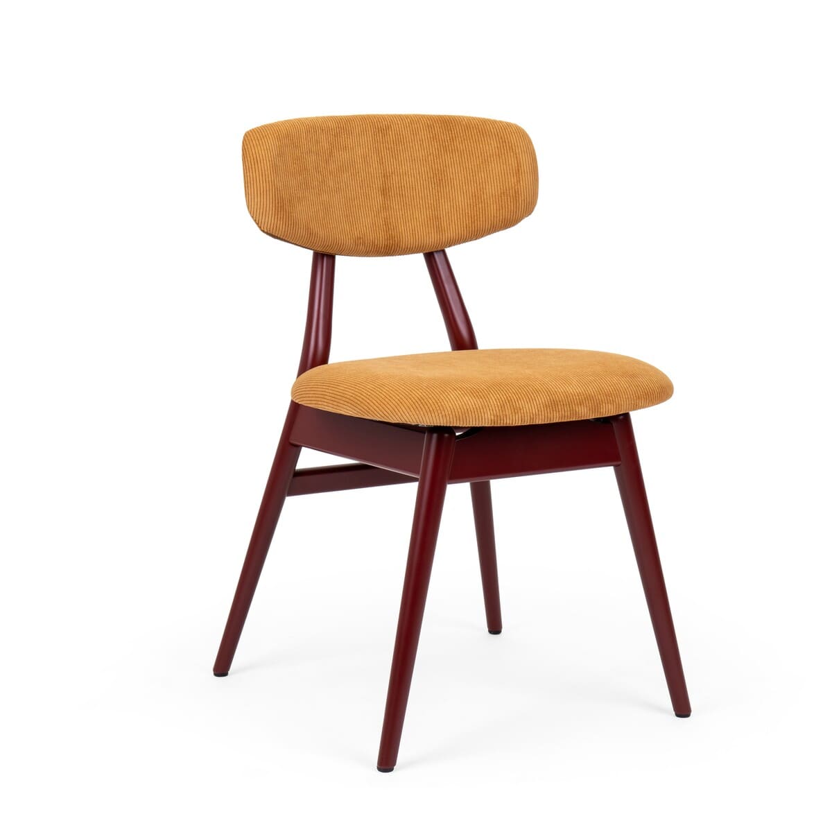 Chaise  de  restauration en velours côtelé jaune piétement bois teinté MALIN. Idéale pour  l'aménagement de salles  de restauration