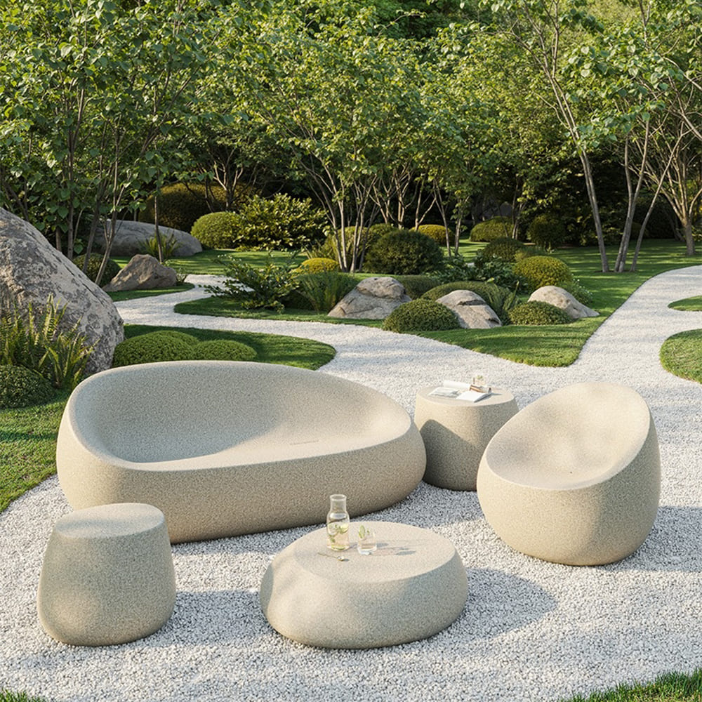 Salon de jardin avec assises basses design aux formes organiques pour terrasse contemporaine