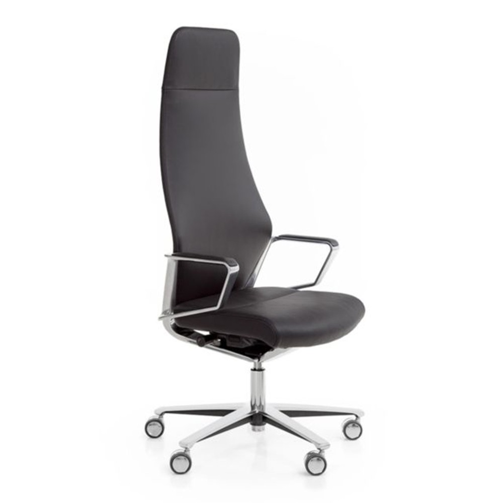 Fauteuil de direction en cuir noir Signo. Accoudoirs en aluminium poli.