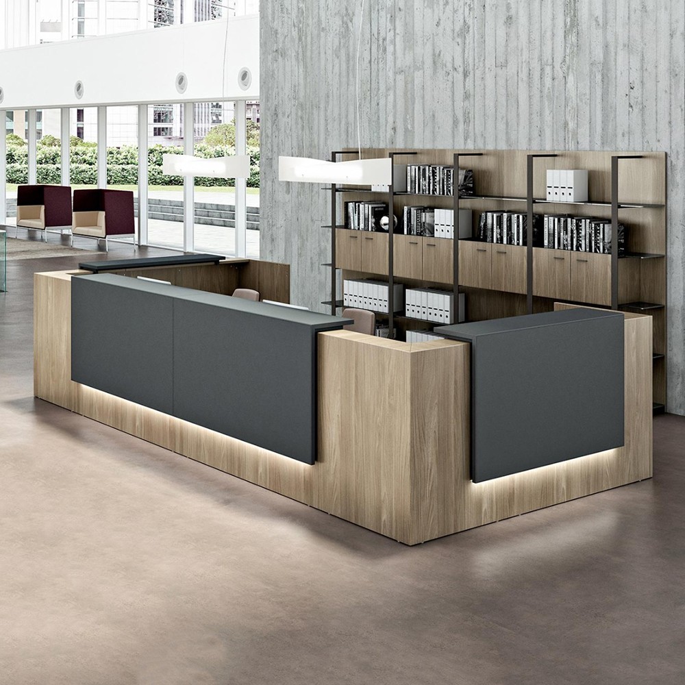Grande banque d'accueil moderne bois et anthracite avec éclairage LED Z2