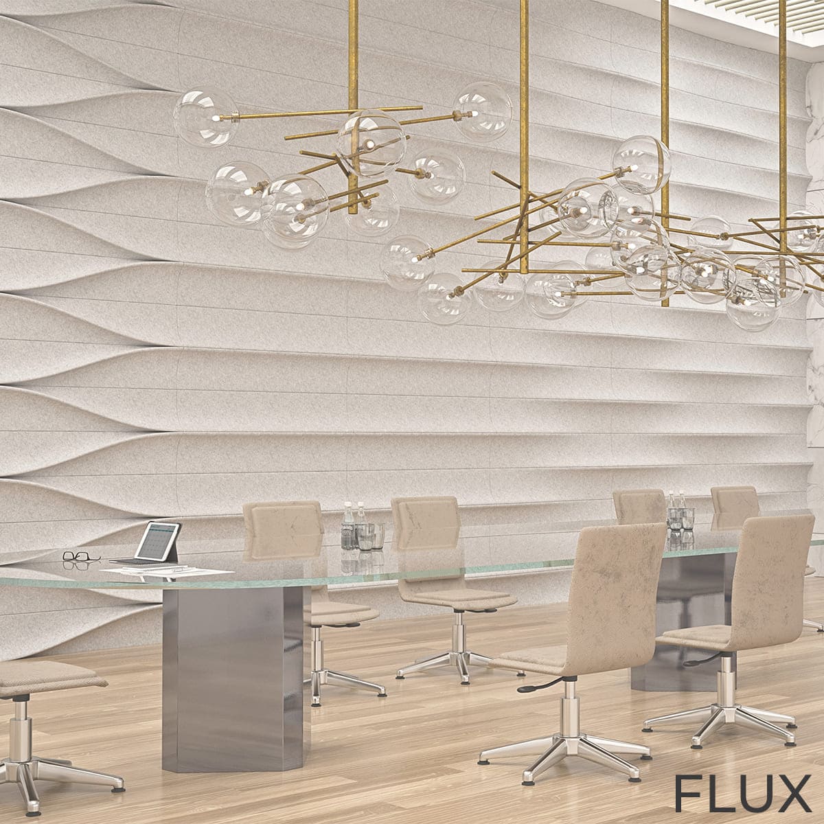 Panneaux muraux acoustiques RELIEF motif flux en feutre PET pour salle de réunion design
