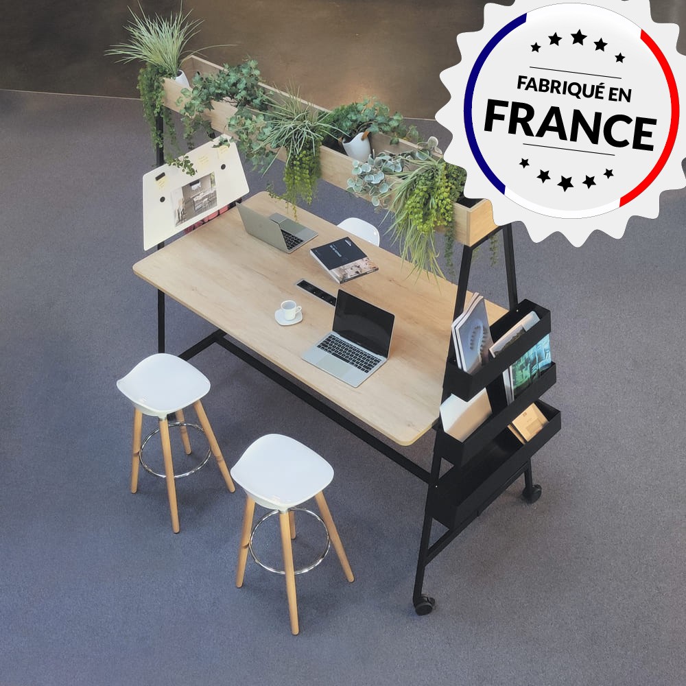 Table de coworking sur roulettes avec jardinières collection ALTO. Mobilier de bureau français
