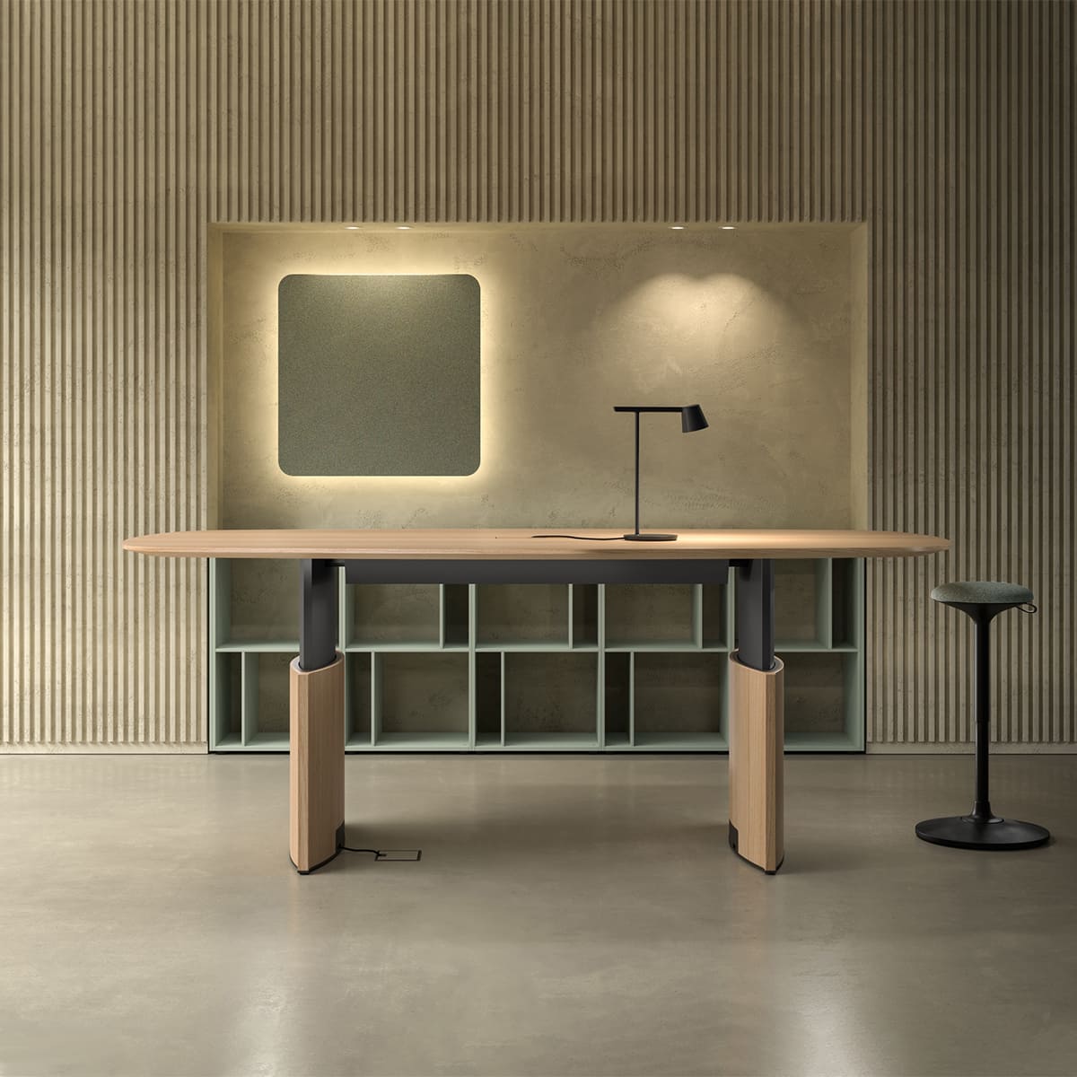 Table de réunion en bois avec plateau réglable en hauteur électriquement collection ELEVA 