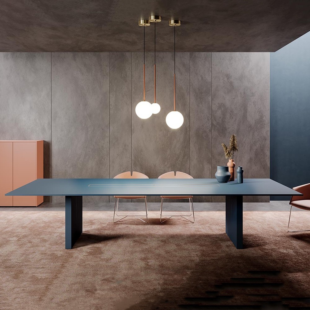 Table de réunion rectangulaire verre mat anti empreintes coloris bleu collection Slim