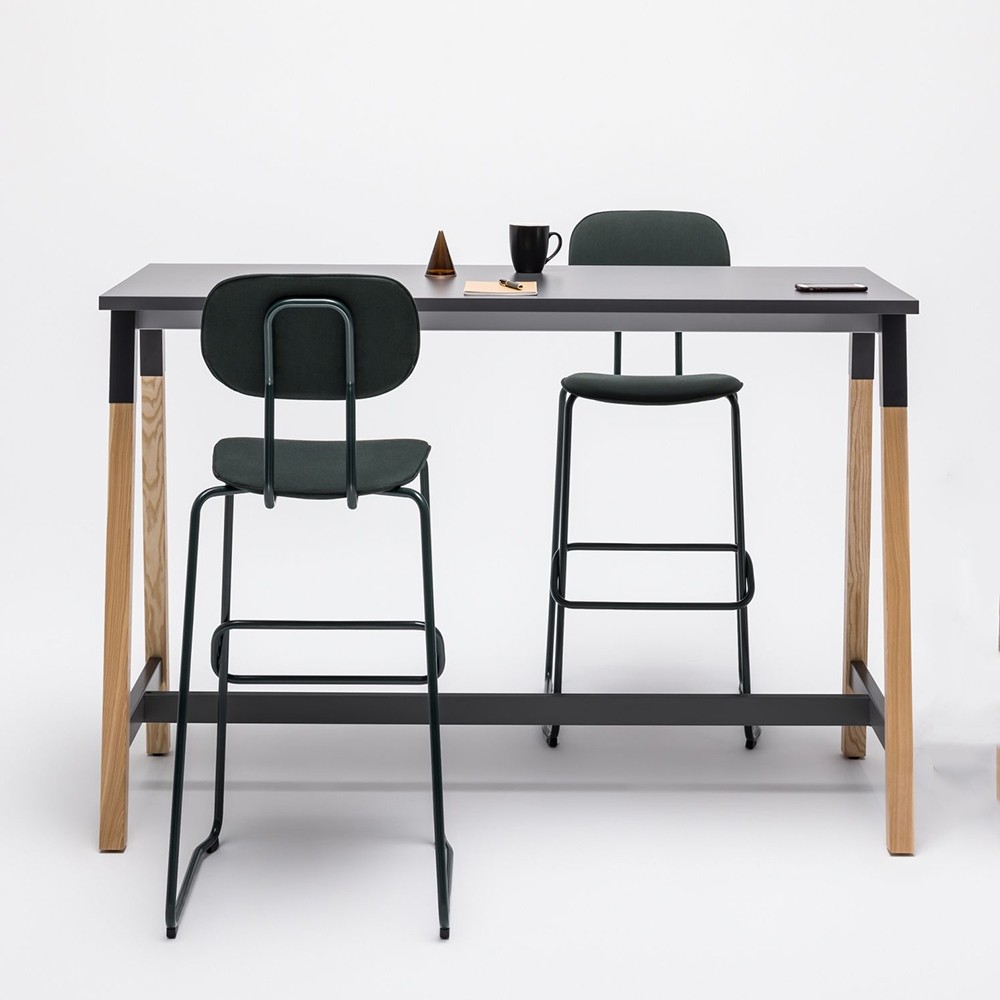 Table de réunion haute design pieds bois, plateau noir Padem