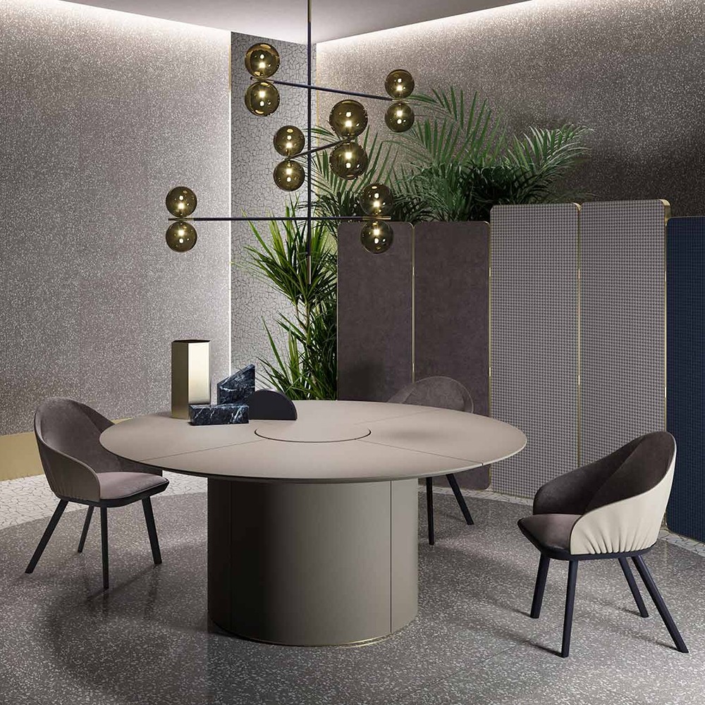 Table de réunion ronde ø200 cm plateau laqué gris avec électrification centrale collection ROUND