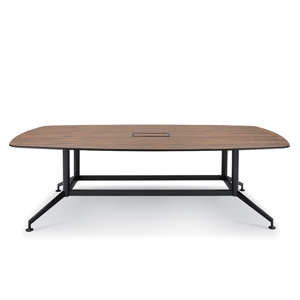 Table de réunion bois ébène forme tonneau piétement design noir mat collection DRONE. Table équipée de prises électriques