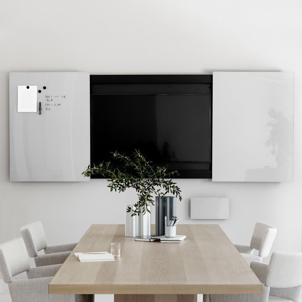 Tableau magnétique en verre pour écran TV. Accessoire de bureau pour aménagement salle de conférence ou salle de réunion 