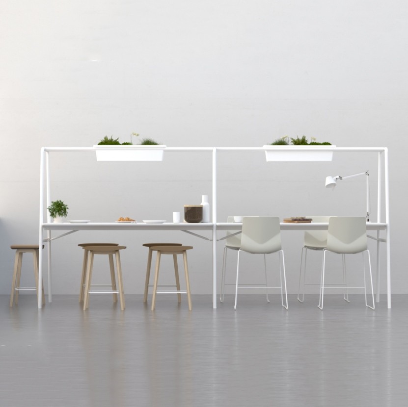 Table design blanche FOUR REAL A XL avec arche et jardinières - aménagement de bureau contemporain