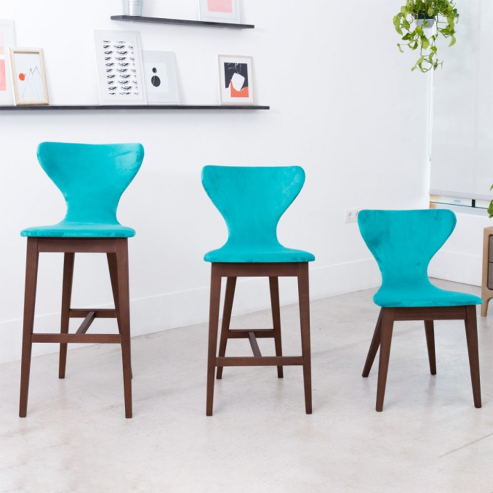 Chaise et tabouret de bar velours pieds bois Helga