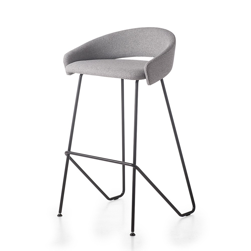 Tabouret de bar design rembourrée tissu gris piétement noir KIMMI