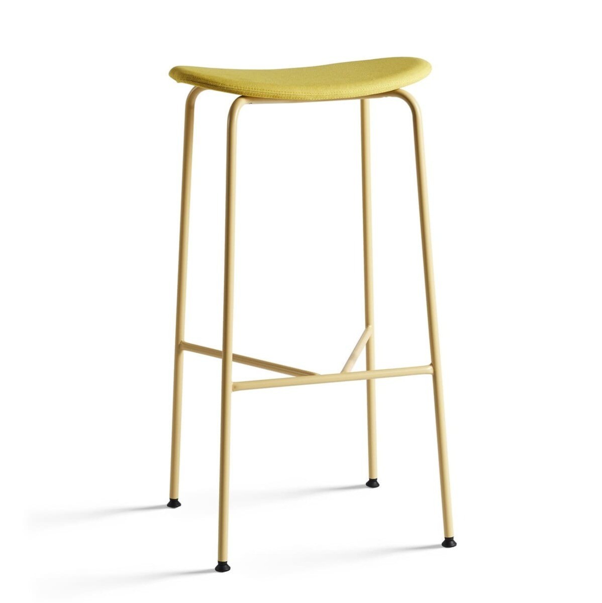 Tabouret de bar HODEI, avec un design 100% jaune : piètement en métal et assise tapissée.